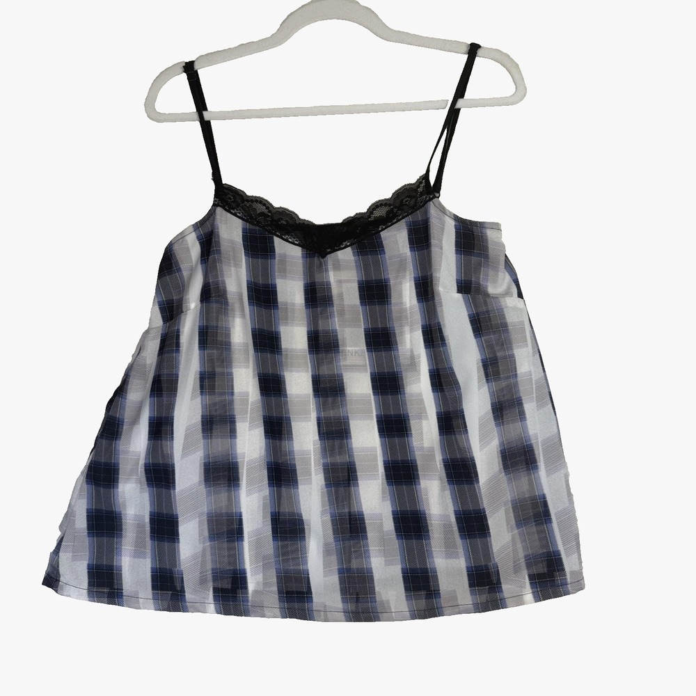 MINKPINK Christina Perri Plaid Cami Goth Medium Blue Black White Lace Tank Top
